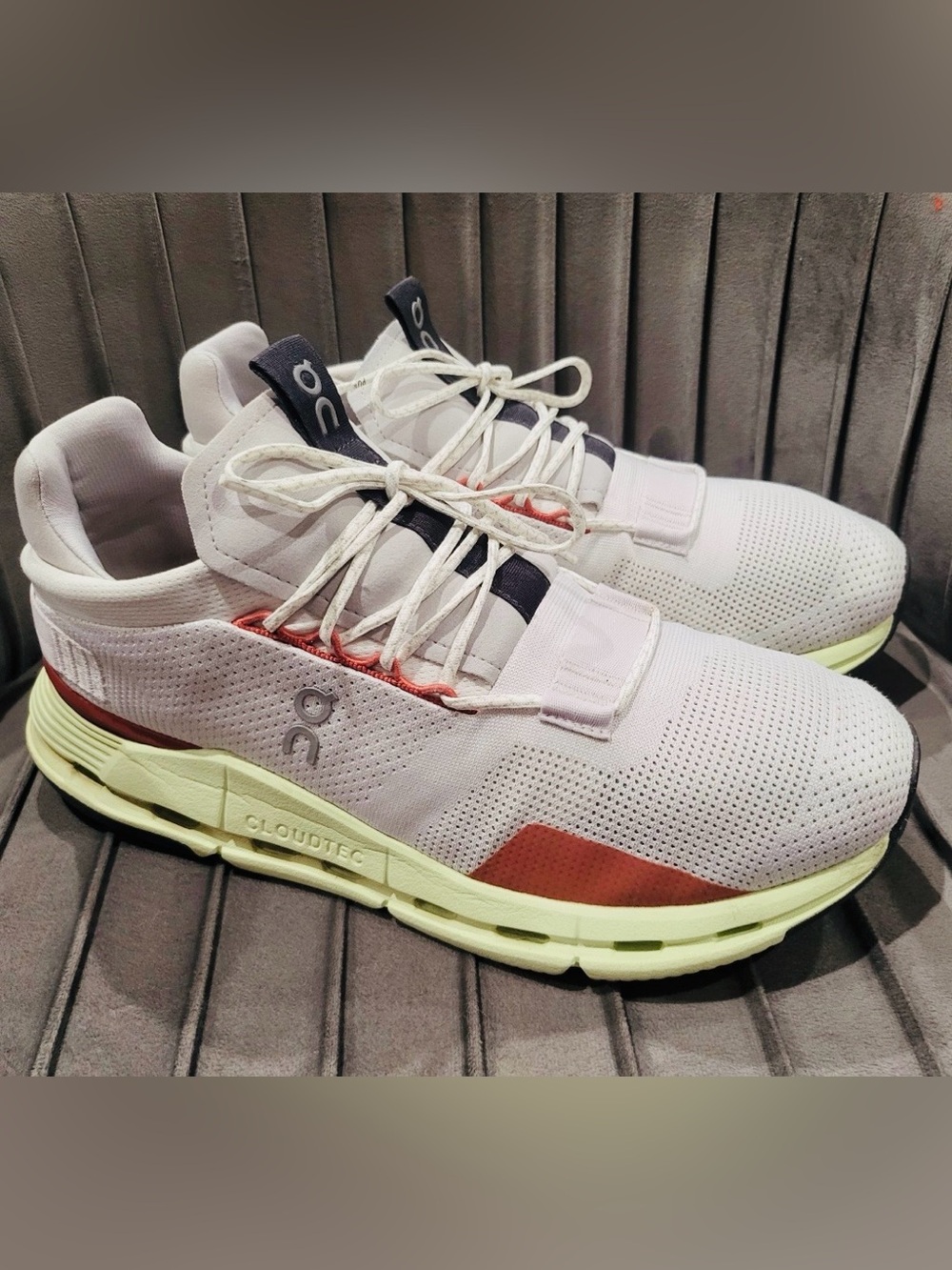 ON Cloudnova White Limelight Brown Running Sneakers Shoes-Women’s 9 OR Mens 7.5